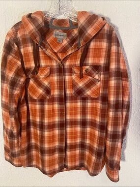 Carhartt Orange and Brown Hooded Plaid Shirt Jacket women’s size 8/10. Cabincore
